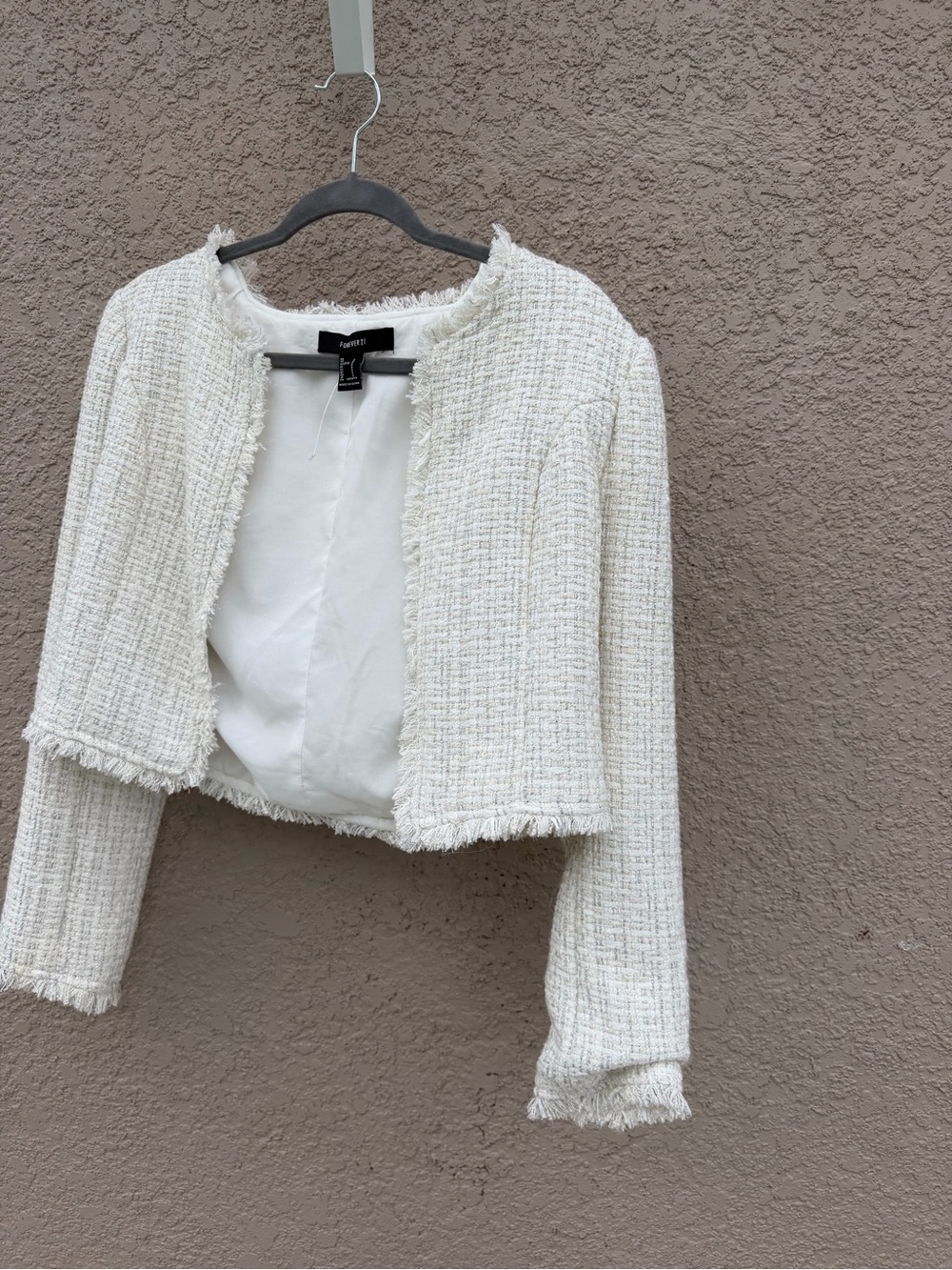 Forever 21 Off-White/Cream Tweed Cropped Fringe Jacket